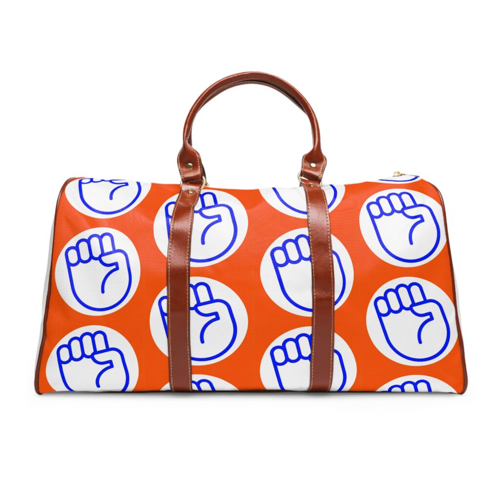 Bold Fist Waterproof Travel Bag — Orange & Blue Statement Weekender