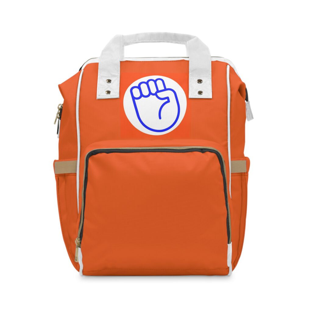 Orange Multifunctional Diaper Backpack with Bold Fist Patch — Spacious Baby Travel Bag